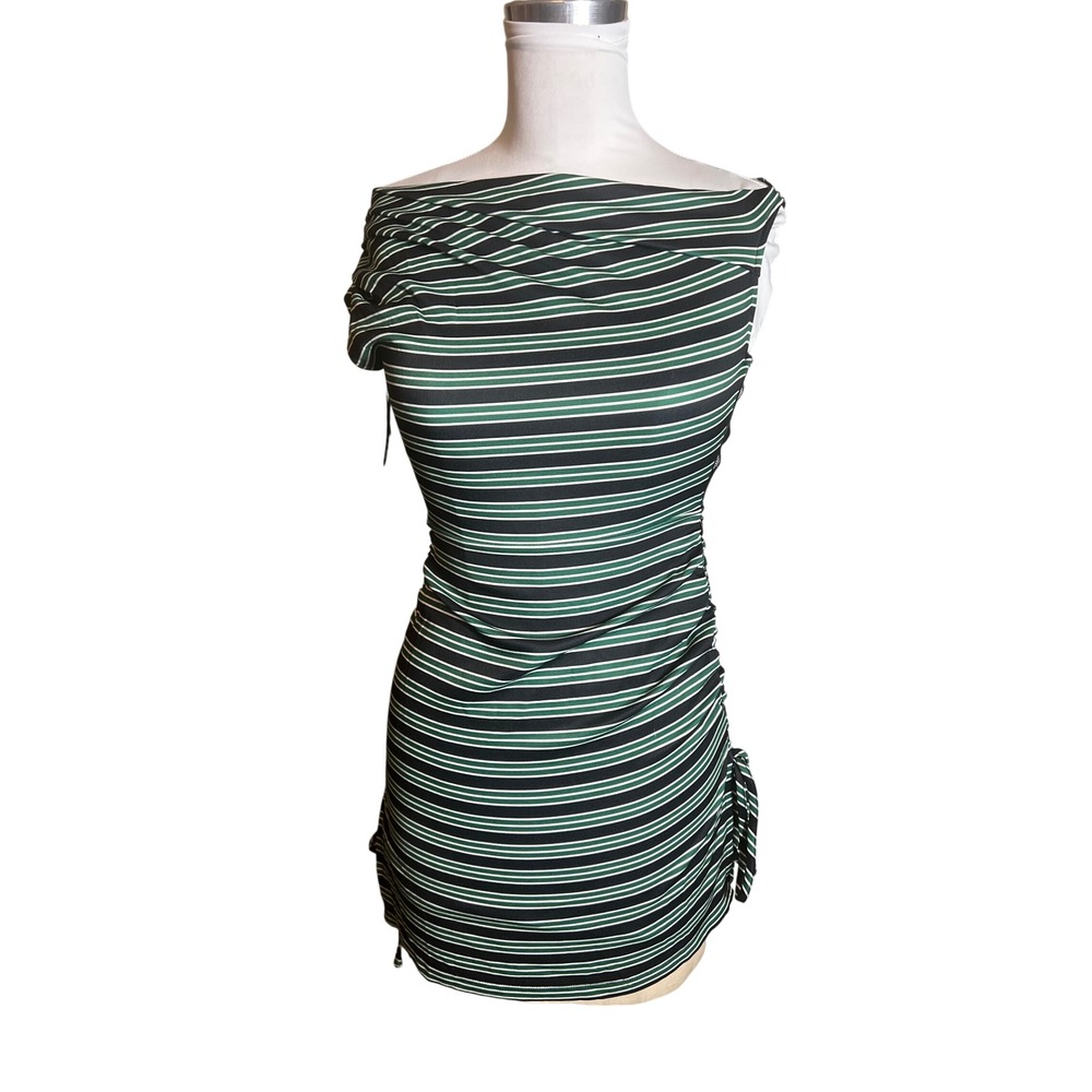 Lioness XXS Black Green Striped Cowl Neck Ruched Mini Dress Sleeveless Bodycon